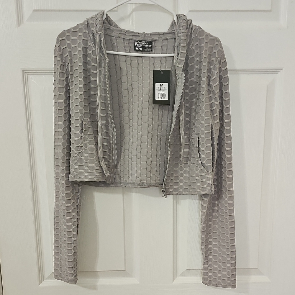 Gray Textured Women's Activewear Hoodie Zipup Sweater